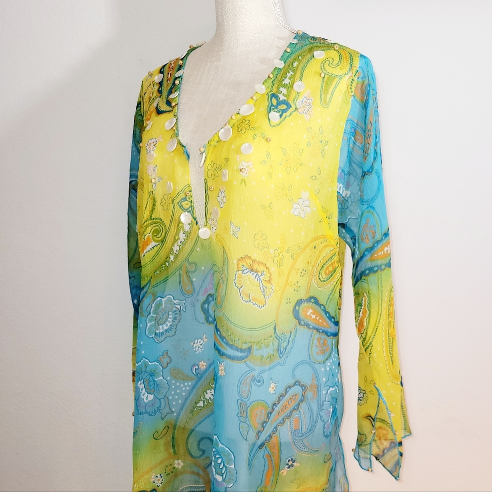 Colorz Paradise Beach Cover-up Bohemian Jeweled Neckline size XL Blue Green